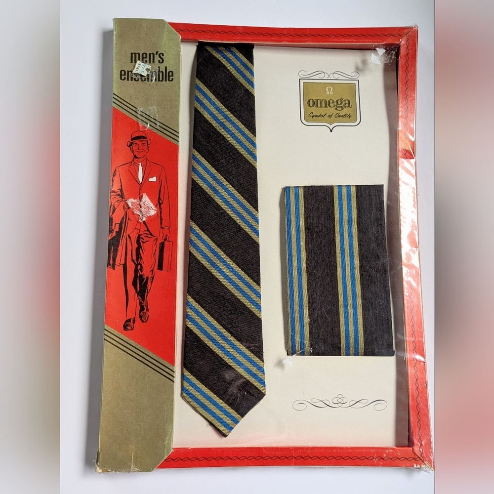 Vintage Skinny Tie Set Omega Men's Ensemble 1968 New In Box Retro Mod Formal